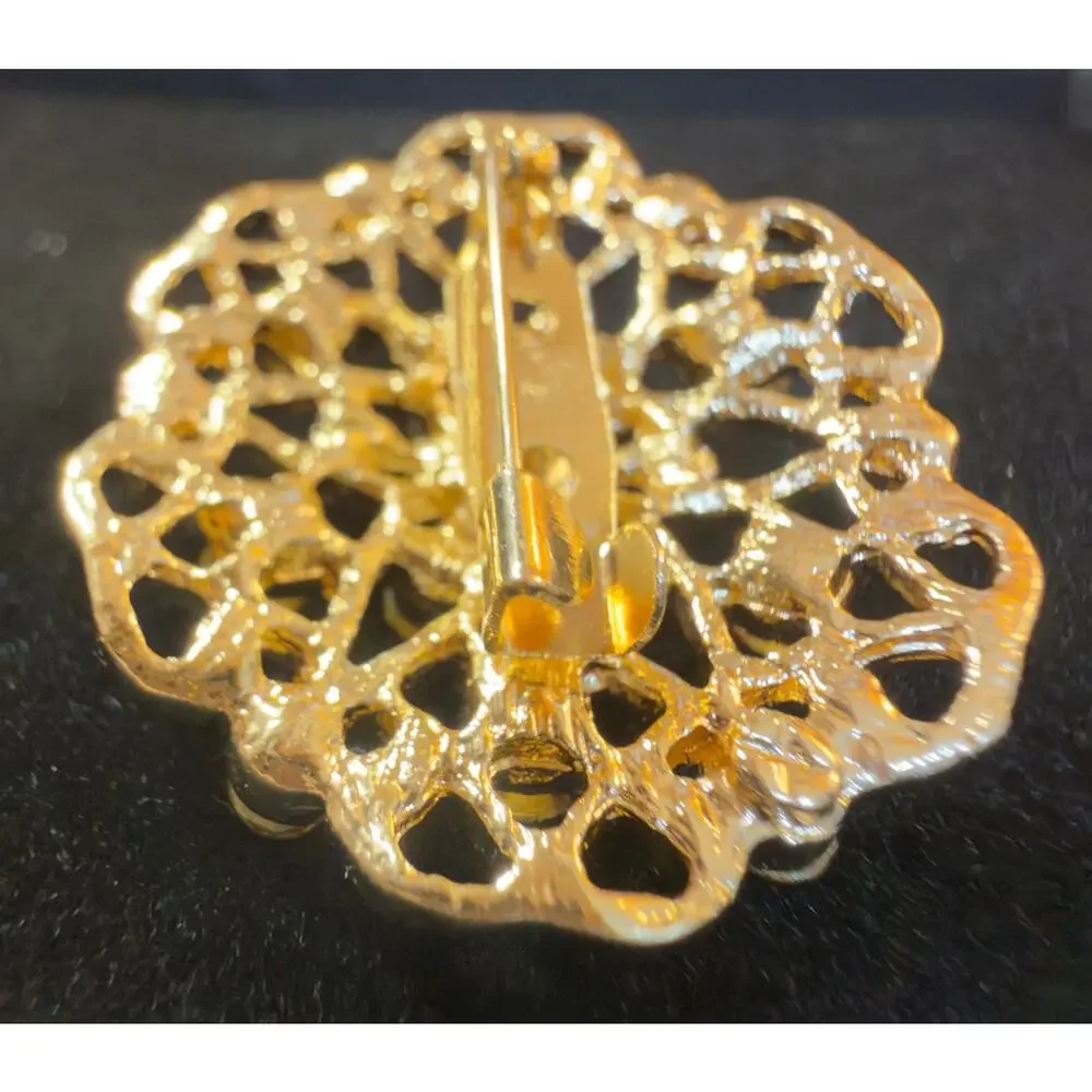 Vintage Gold-Tone Amber & Topaz Rhinestone Filigree Brooch Floral Statement Pin